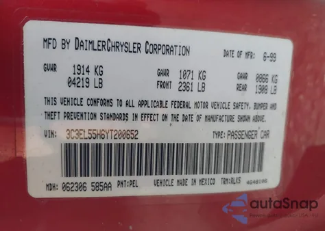 2000 Chrysler Sebring Jxi from USA, damaged, VIN 3C3EL55H6YT200652